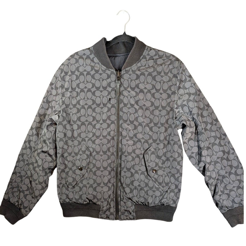 Coach Reversible Bomber Jacket Signature Monogram Grey Black Zip Up